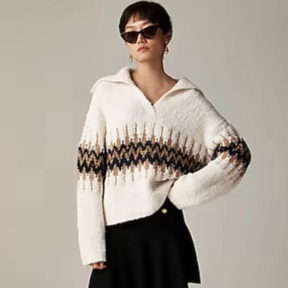 Crew Fair Isle Johnny-Collar Sweater In Bouclé Yarn NWT